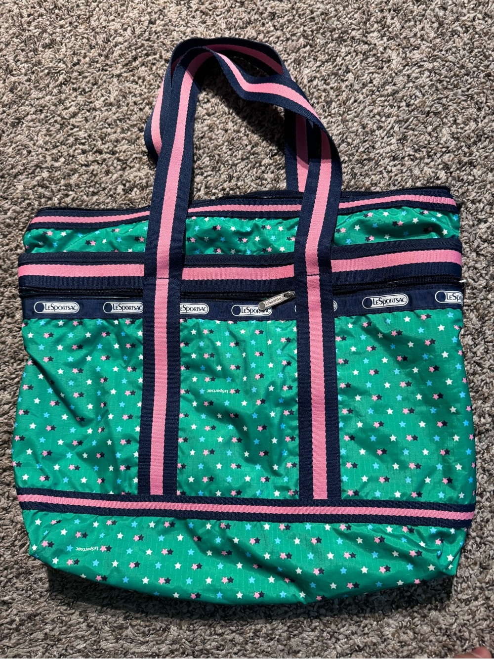 LeSportsac Green Star Print Tote with Navy & Pink Straps